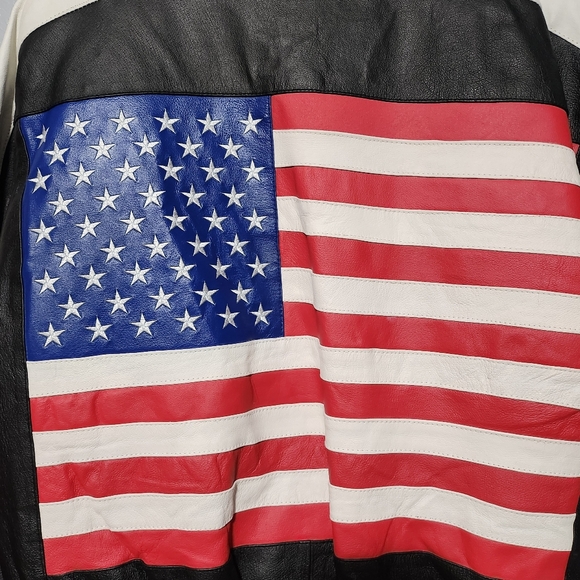 OSCAR PIEL Leather USA Flag Jacket Mens Large Black Red White Blue Stars Stripes - Picture 9 of 15